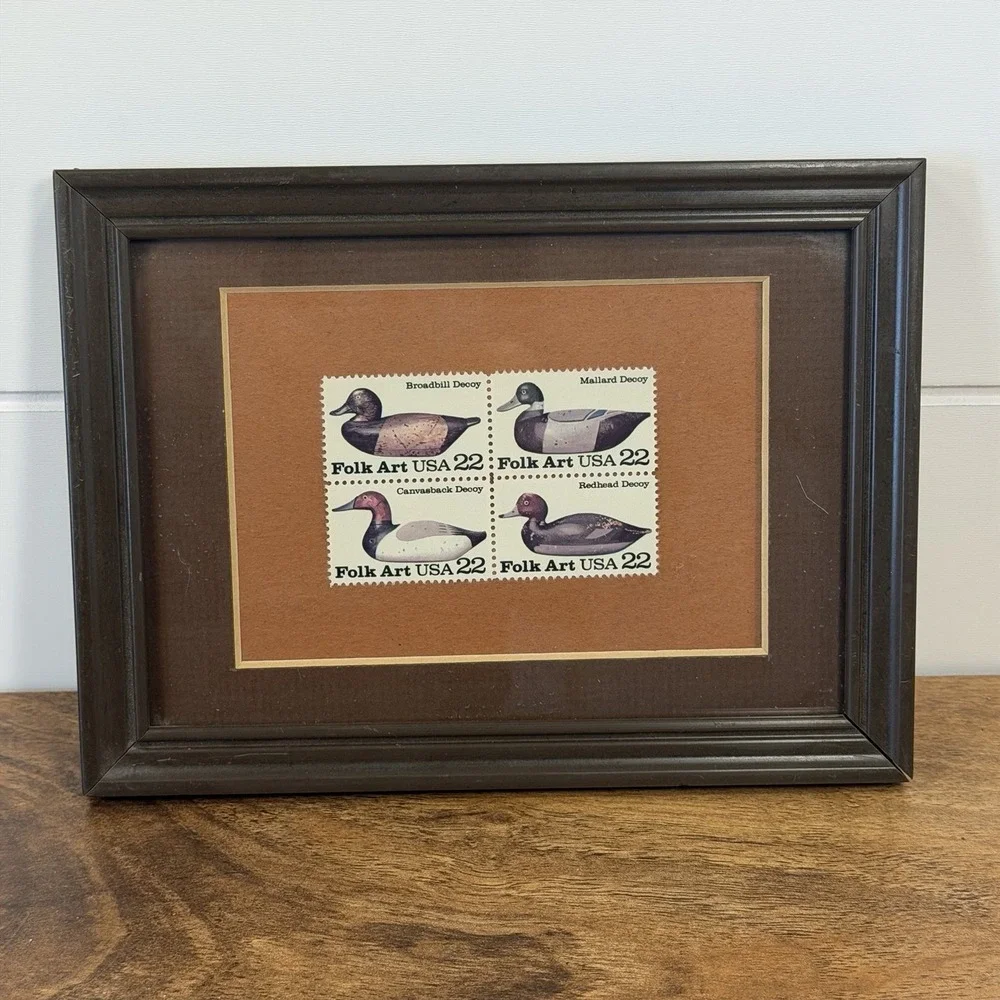 Framed Vintage 1985 Folk Art USA 22¢ Duck Decoy Stamps Block of 4 Rustic Decor